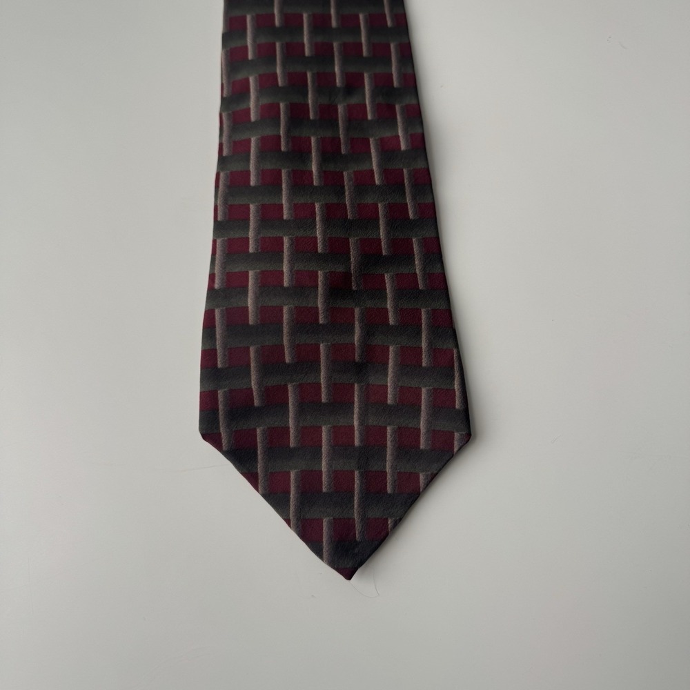 Vintage Nino Cerruti Men's Silk Tie Burgundy Gray Geometric Wide 56" USA